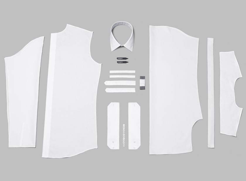 An arranged group of components that make up an INDOCHINO custom shirt.