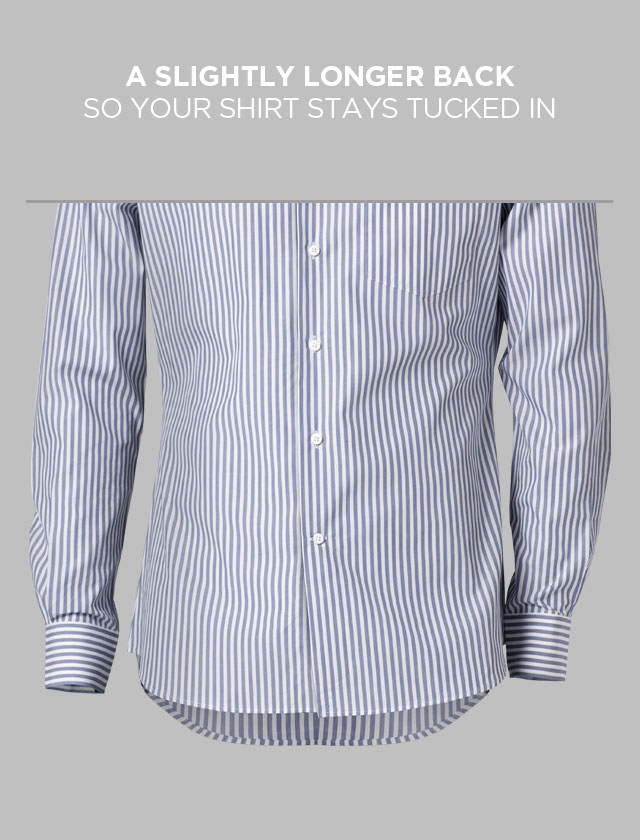A blue pin-striped INDOCHINO custom shirt showcasing a longer back.