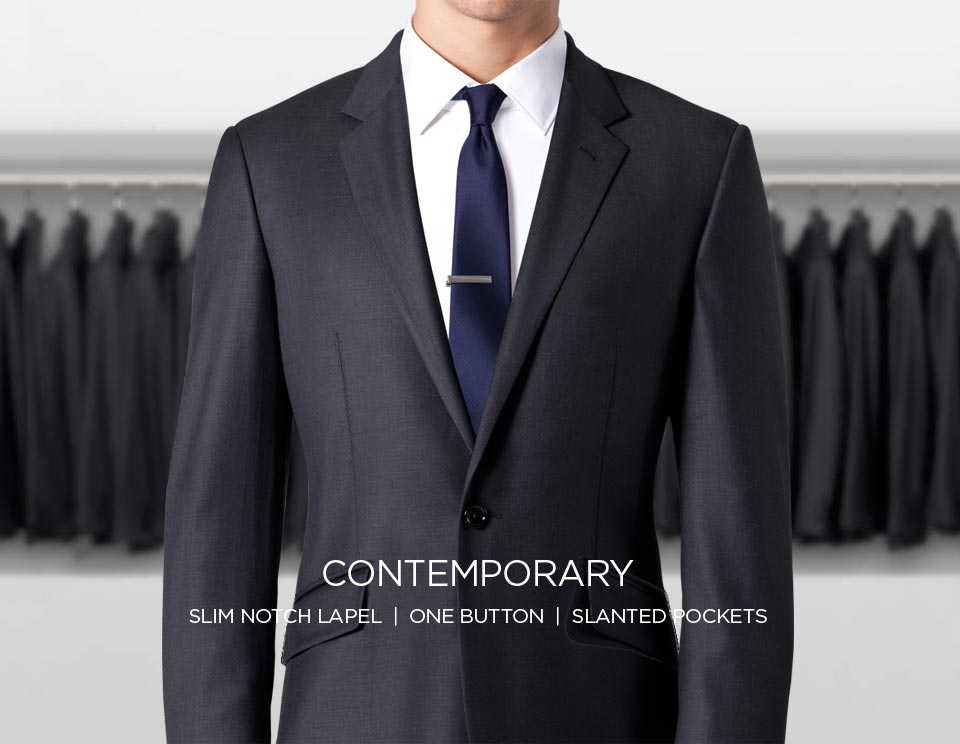 A contemporary suit with a slim notch lapel, one button and slanted pockets.